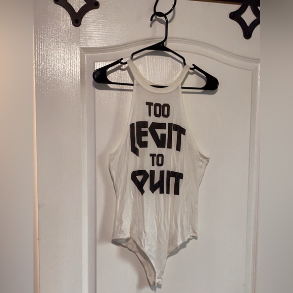 Tops - White 'Too Legit to Quit' Muscle body suit